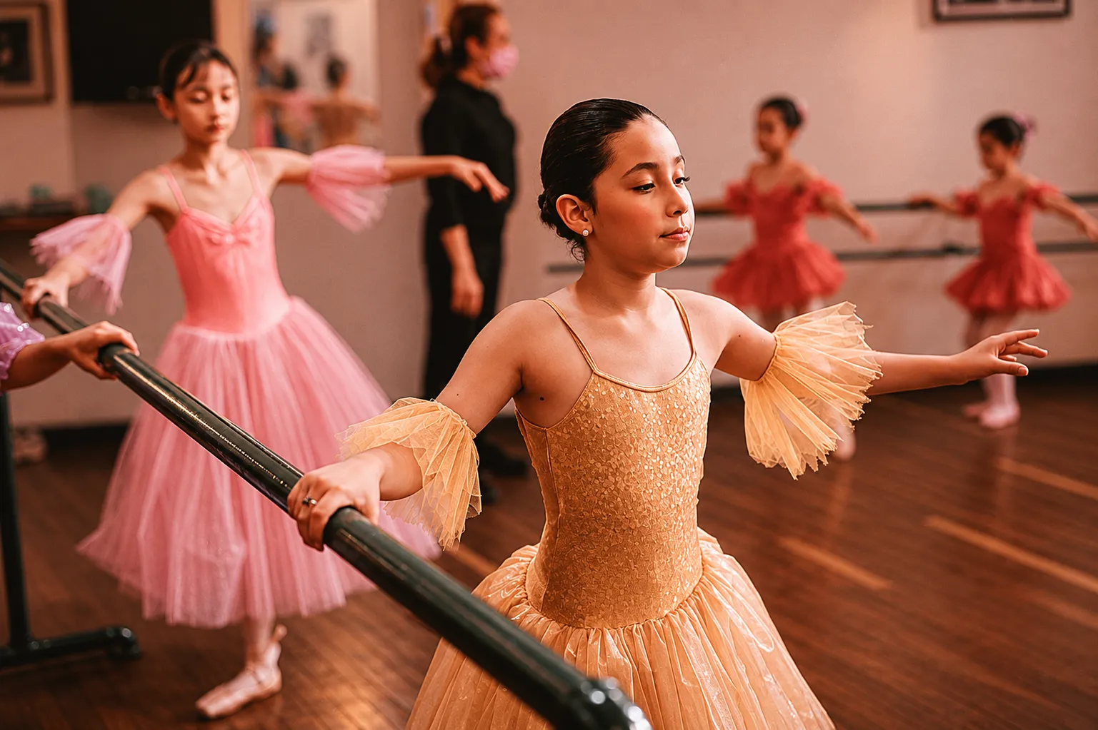 Bailarina con tutú dorado en la barra